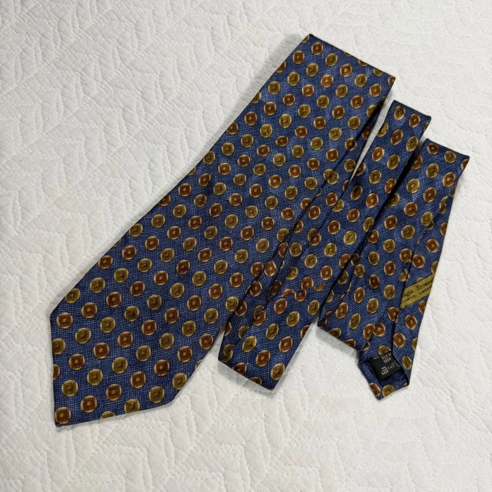 Ermenegildo Zegna Mens Tie 100% Silk‎ Italy Geometric Medallion Blue Gold EUC